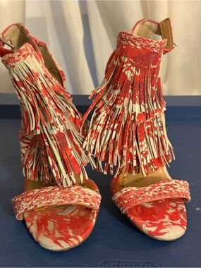 Banana Republic Red and White Fringe High-Heel Sandals